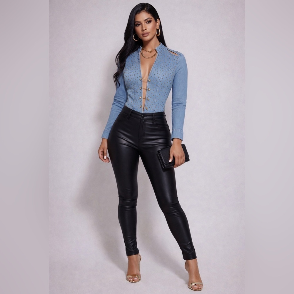 Cutely covered boutique Studded Denim Bodysuit – Deep Plunge  Gold Hardware